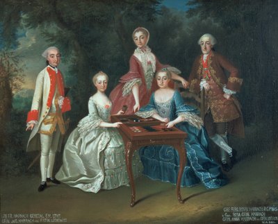 Gruppenporträt der Familie Harrach beim Backgammon-Spiel, einschließlich General Graf Ferdinand Harrach, Graf Ferdinand Bonaventura Harrach mit Rosa, Anna und Josephine von Johann Wilhelm Hoffnas or Hofnaas